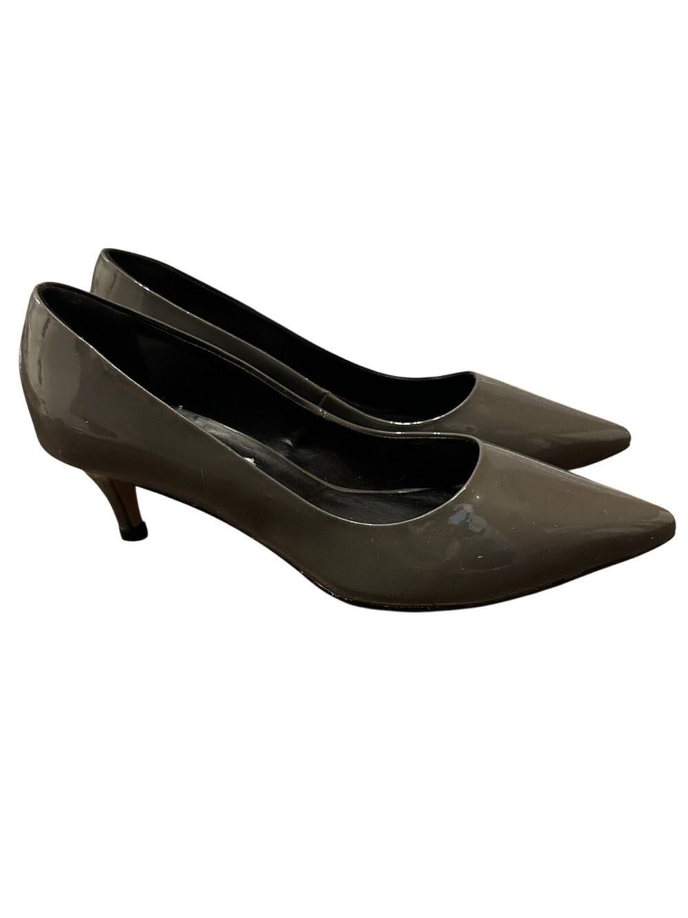 Le Chateau Patent Leather Pointed Toe Kitten Low Heel Pumps in Grey